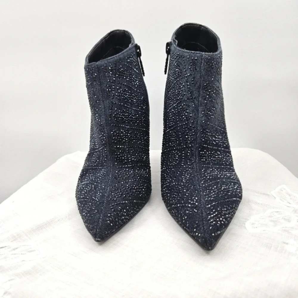 GUESS‎ Womens Dark Blue Denim Rhinestone Pointed Toe Stiletto Ankle Boots Zip